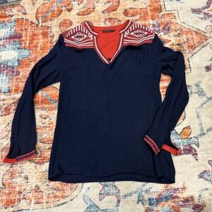 THML Navy Blue Orange Aztec Embroidered V Neck Tunic Top Women's Size Small